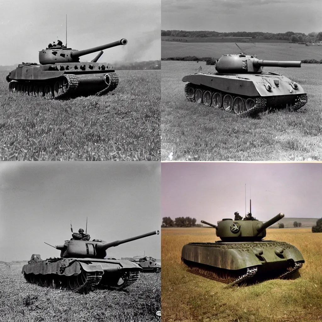 Prompt: an m4 sherman tank in a field shooting at a panzer 4 tank