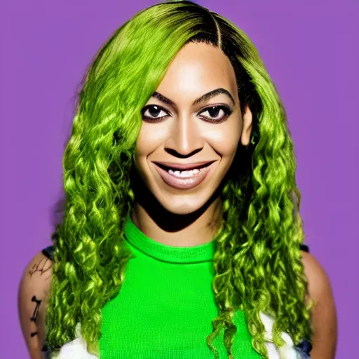 Image similar to Singer Beyoncé as She-Hulk, green skinned, green skin, one piece clothing, green skinned, wearing purple and white fingerless gloves, wearing purple and white sneakers, mini skirt, smiling, detailed legs, hyperreal, surreal, bokeh, tilt shift photography, green arms, green legs, green face,