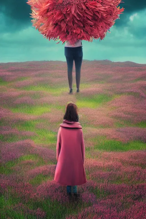 Image similar to portrait, giant flower head, a girl wearing a coat in heather field, surreal photography, wind and cold, dramatic sky, impressionist painting, digital painting, artstation, simon stalenhag