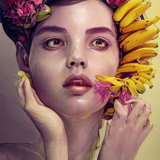 Image similar to the portrait of an absurdly beautiful, graceful, elegant young woman made of bananas and petals, an ultrafine detailed illustration by kim jung gi, irakli nadar, intricate linework, bright colors, final fantasy, angular, unreal engine 5 highly rendered, global illumination, radiant light, detailed and intricate environment