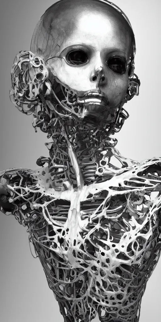 Image similar to black and white dreamy foggy smoky profile face portrait, single skeletal biomechanical beautiful young female cyclops - cyborg - robot bust, body ribs meshes,, volumetric light, rim light, by dora maar and cecile beaton, big gothic fashion pearl embroidered collar, 8 k