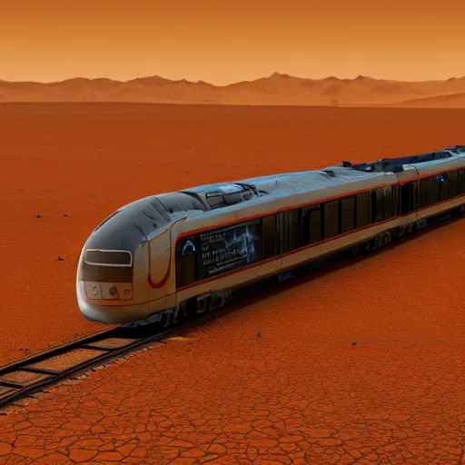 Prompt: train on wheels crosses the desert on mars, landscape, cyberpunk