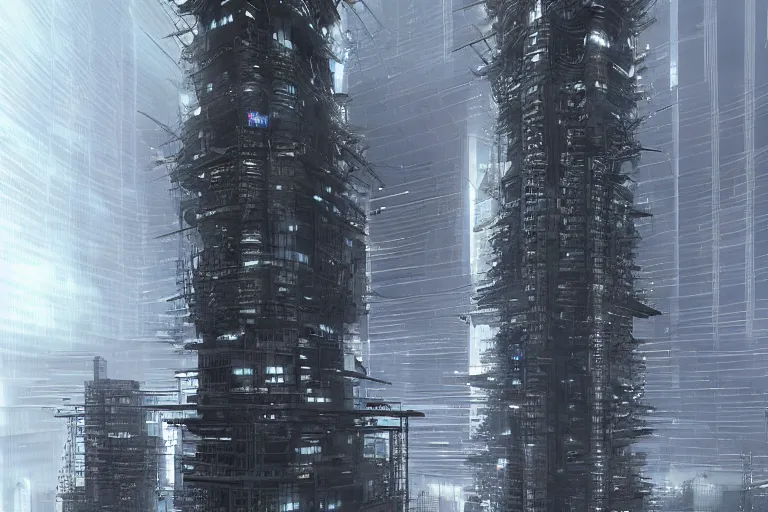 Prompt: monumental futuristic tower, hq of a cyberpunk corporation; by tsutomi nihei; hyperrealistic, highly detailed-H 1024