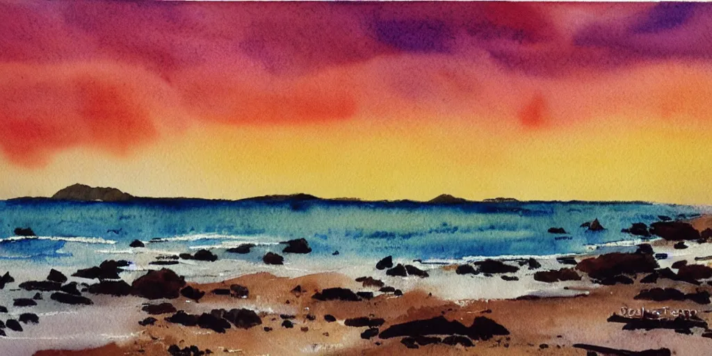 Image similar to tata beach, golden bay new zealand, abel tasman, amazing sunset watercolor painting, trending on artstation
