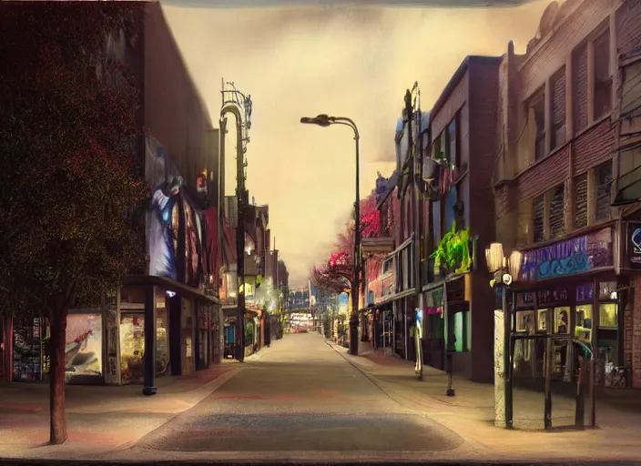 Prompt: north melbourne street, lowbrow, night, matte painting, 3 - d highly detailed, in the style of mark ryden