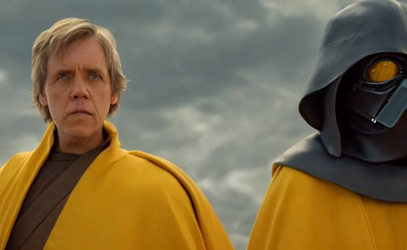 Prompt: cinematic still image screenshot portrait of luke skywalker in yellow cape talking to maz kanata diplomatic, dramatic political scene from force awakens crisp 4 k 7 0 mm imax, moody iconic scene, directed by jj abrams, beautiful backlit, planet