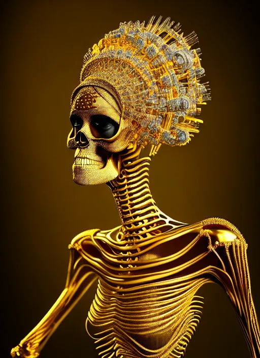 Image similar to portrait of an absurdly beautiful, graceful, sophisticated, fashionable futuristic female golden skeleton with sections of skin showing, glowing internal warm light, hyperdetailed illustration by irakli nadar and alexandre ferra, intricate linework, faberge, intricate gold headdress, dark atmosphere, unreal engine 5 highly rendered, global illumination, radiant light, detailed and intricate environment