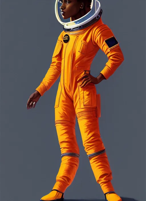 Prompt: full body portrait of young black woman as an astronaut, orange flight jumpsuit, intricate, beautiful and elegant, highly detailed, digital painting, artstation, concept art, smooth, sharp focus, illustration, art by wlop, mars ravelo and greg rutkowski