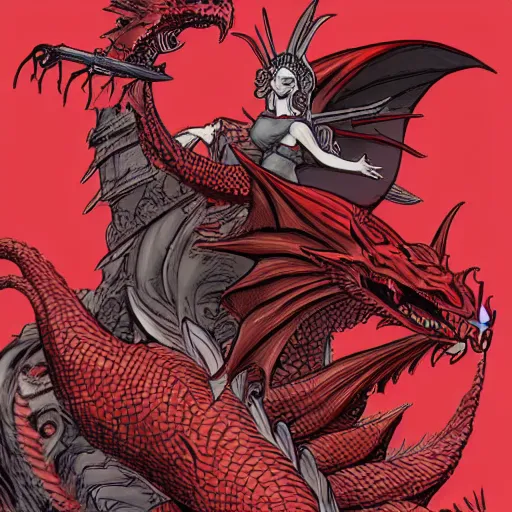 Prompt: Lady Liberty riding the red dragon of 龙, illustration, concept art, in the style of Arthur Adams