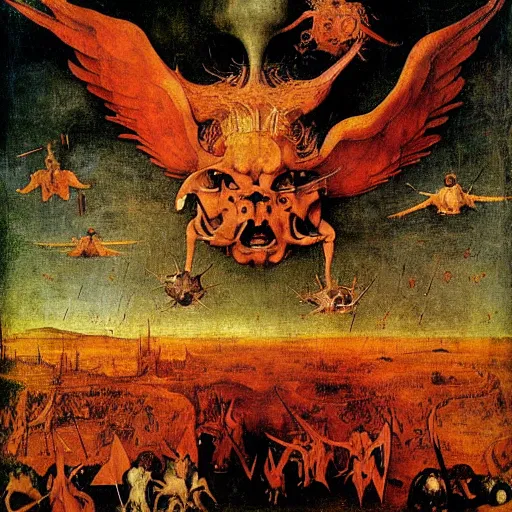 Image similar to vision of hell with winged demons flying over the flames art by : hieronymus bosch, albrecht durer hans memling leonardo da vinci francisco goya pieter bruegel the elder jan van eyck