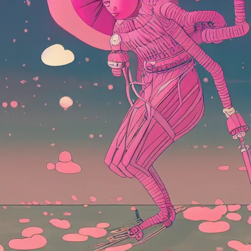 Image similar to a woman named yoshimi battles pink robots, illustrated, detailed