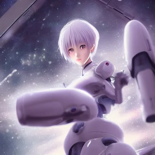 Image similar to HYPER REALISTIC VFX SIMULATION, This is a digital art piece by Yoshiyuki Sadamoto that is trending on artstation. It is a 8K UHD image of Rei Ayanami, a female anime character, inside a space station with technological rings. She is shot from the ground by Yoshiyuki Sadamoto. The environment is a concept design and the art is hyper realistic with intricate details.