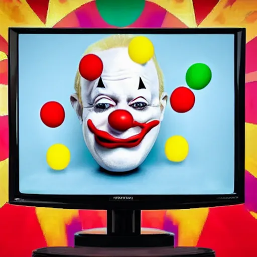 Image similar to photo of a television with a president with clown face giving a speech