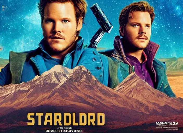 Image similar to a very high resolution image from a new movie, starlord. in a room full of posters and vinyls. mountains, directed by wes anderson