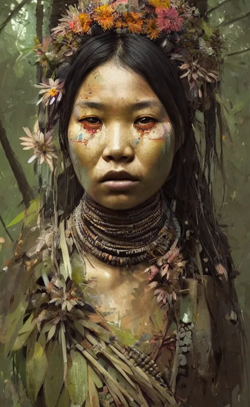 Image similar to detailed portrait of a tribal woman with asian eyes and thick lip forest girl, flowers and trees, by ismail inceoglu dragan bibin hans thoma greg rutkowski alexandros pyromallis nekro rene maritte illustrated, perfect face, fine details, realistic shaded, fine - face, pretty face