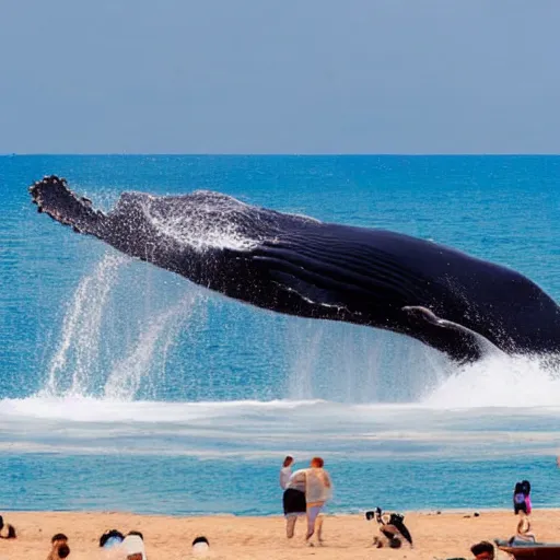 Image similar to whale exploding on a beach with people standing nearby hyperrealistic 4 k