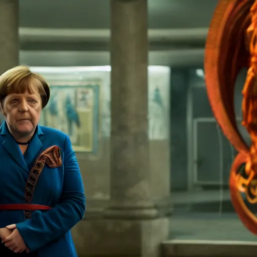 Image similar to angela merkel as dr. strange. movie still shot. detailed face. photo 8 k