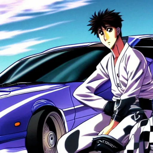 Prompt: ikari shinji drifting in a mazda rx 7, full hd, 4 k initial d wallaper, initial d anime