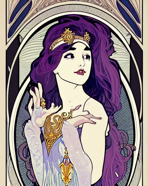 Prompt: a portrait of a moon princess knight, draped in transparent cloth, silver armor, flat colors, occult, minimal, swirly, bust by alphonse mucha, decorative art nouveau border, astrophotography, vast cosmos, detailed book illustration, trending on artstation