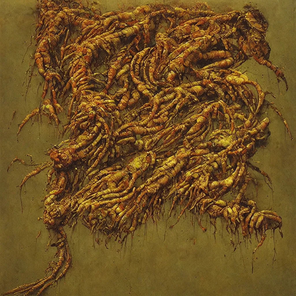 Image similar to rotten food, centipede, beksinski