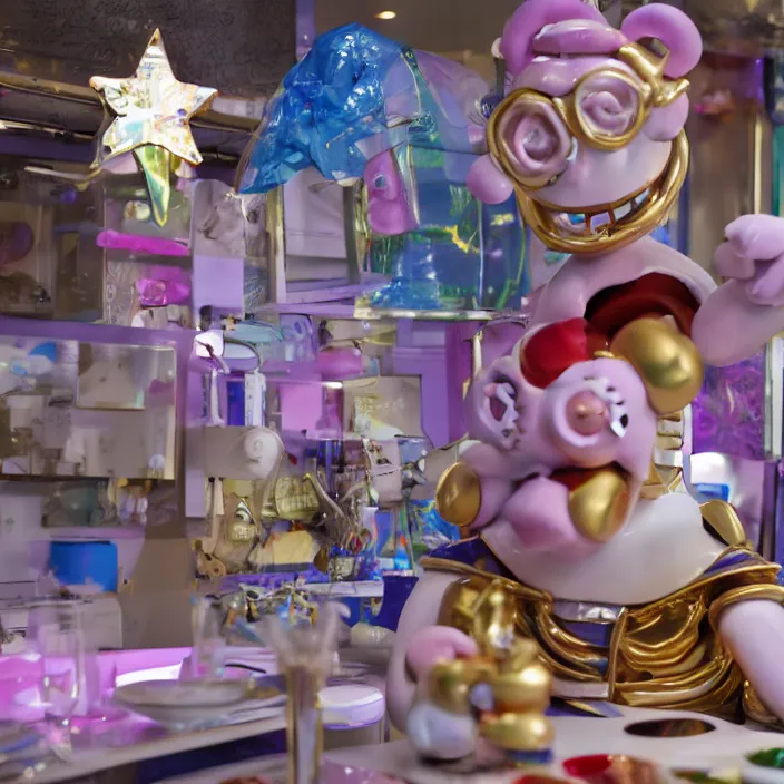 Image similar to jeff koons hip hop bauhaus style street sharks sailor moon wearing diamond grillz and a ton of bussdown iced gold bling in wallace & gromit strata - cut claymation, ultra realistic, concept art, intricate details, serious, highly detailed, photorealistic, octane render, 8 k, unreal engine