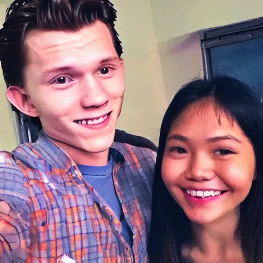 Prompt: Tom Holland with his arm around with a serious Filipina college girl