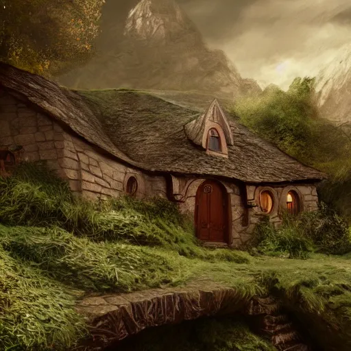 Image similar to The house of the Hobbit Bilbo Baggins, highly detailed, digital painting, artstation, concept art, smooth, sharp focus ilustration, Artstation HQ