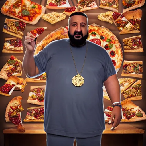 Image similar to a highly detailed realistic photographic render dj khaled with Cosmo Kramer hairstyle with holding slices of pizza, religious sculpture, cinematic lighting, cinematic scene, Volumetric lighting, Atmospheric scene, Dark, Horror, Atmospheric lighting, Global illumination, realistic, photo realism, hyper realistic, hyper realism, photo realisitc, cinematic render, film, beautifully lit, ray traced, octane 3D render, octane render, unreal engine