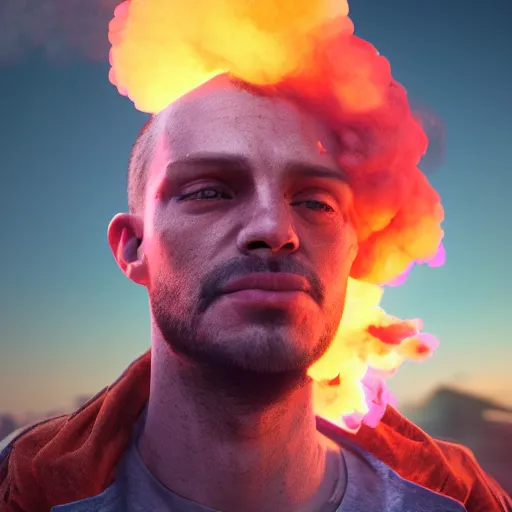 Prompt: portrait of man, his head is in smoke vaporizing, colorful vivid sky in background, made andrew chiampo, artstation, frederik heyman, extremely detailed, stunning volumetric lighting, fantasy, hyperrealism, 3 d render, octane render, unreal engine, fantasy, intricate detail, 4 k, futuristic, sharp focus, smooth