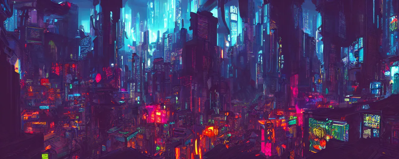 Image similar to A cyberpunk hellscape, by Naomi Okubo, landscape, dramatic lighting, high contrast colors, panoramic view, as trending on Artstation,