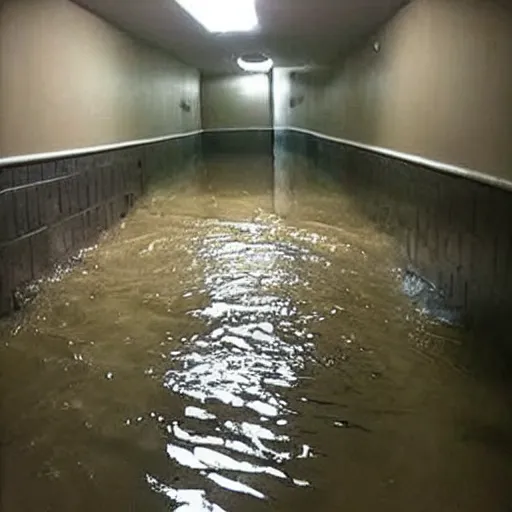 Prompt: a flooded basement hallway. the ceiling is flooded. craiglist photo.