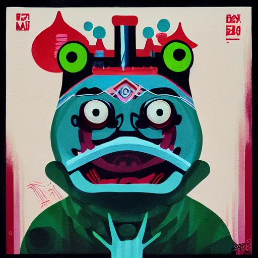 Prompt: Painting of Frog king by Sachin Teng, asymmetrical, Organic Painting ,geometric shapes, Smoke, hard edges, energetic, graffiti, street art:2 by Sachin Teng:4