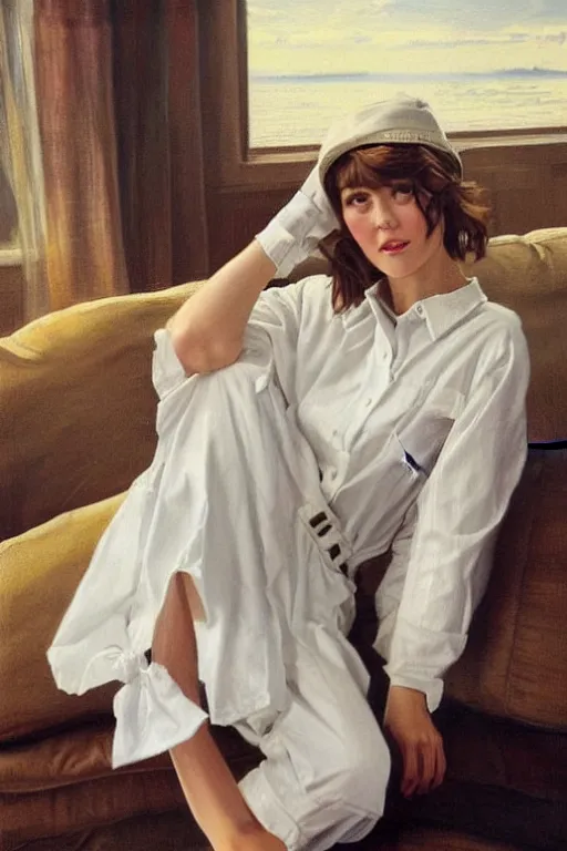 Prompt: mary elizabeth winstead sitting on a couch, next to the sea, wearing a white button up shirt with overalls, painted by jc leyendecker!!, vintage!!