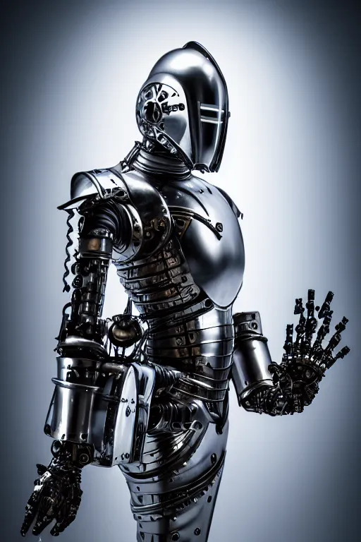 Prompt: medieval cybernetic robo - knight, symmetrical, cinematic, elegant, demonic atmosphere, professional studio light, real dlsr photography, sharp focus, made by hans giger, 4 k, ultra hd, sense of awe