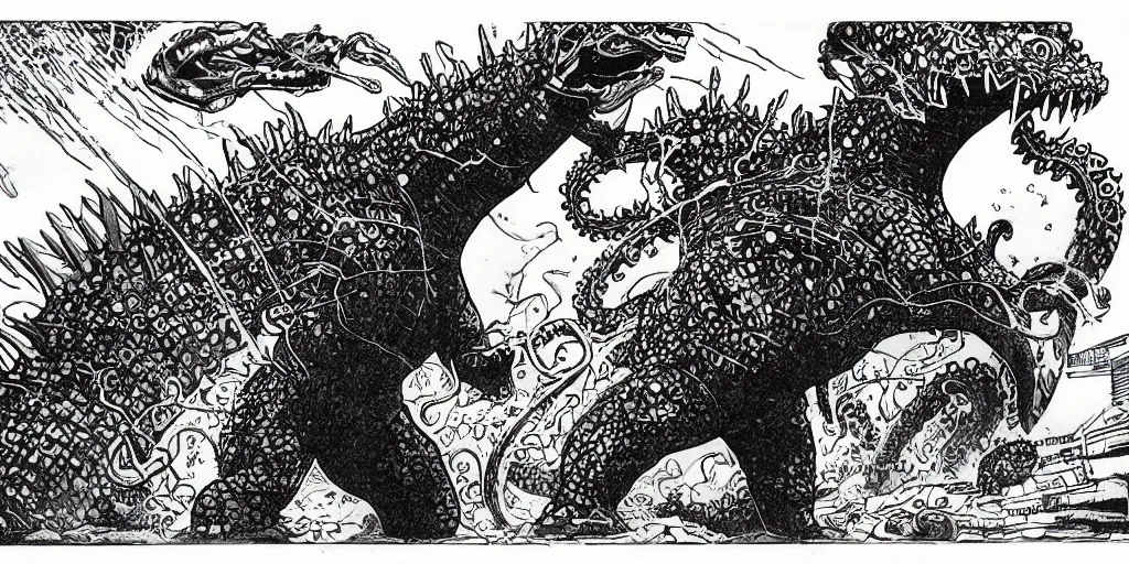 Image similar to godzilla fighting octapus kaiju by walk simonson