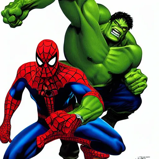 Image similar to spider man and Hulk by Joe Madureira