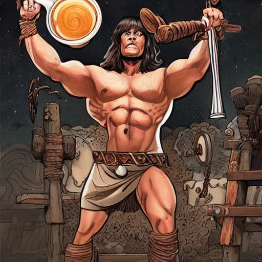 Prompt: a detailed illustration of conan the barbarian working as a barista marvel comics art style