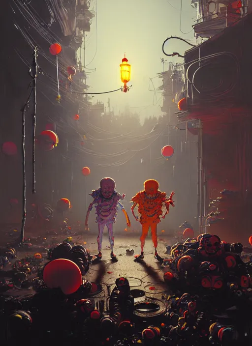 Prompt: masterpiece concept art, neon scary clowns, by greg rutkowski and geof darrow, 8 k, intricate detail, cinematic lighting