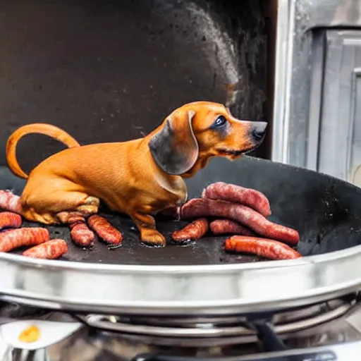 Image similar to dachshund cooking some sausages on a pan