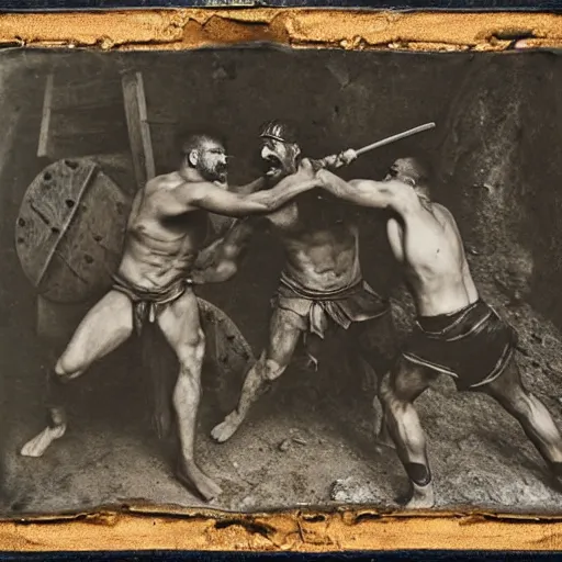 Prompt: brutal spartan men fistfighting in pit, sparta, daguerreotype photograph, ancient photograph