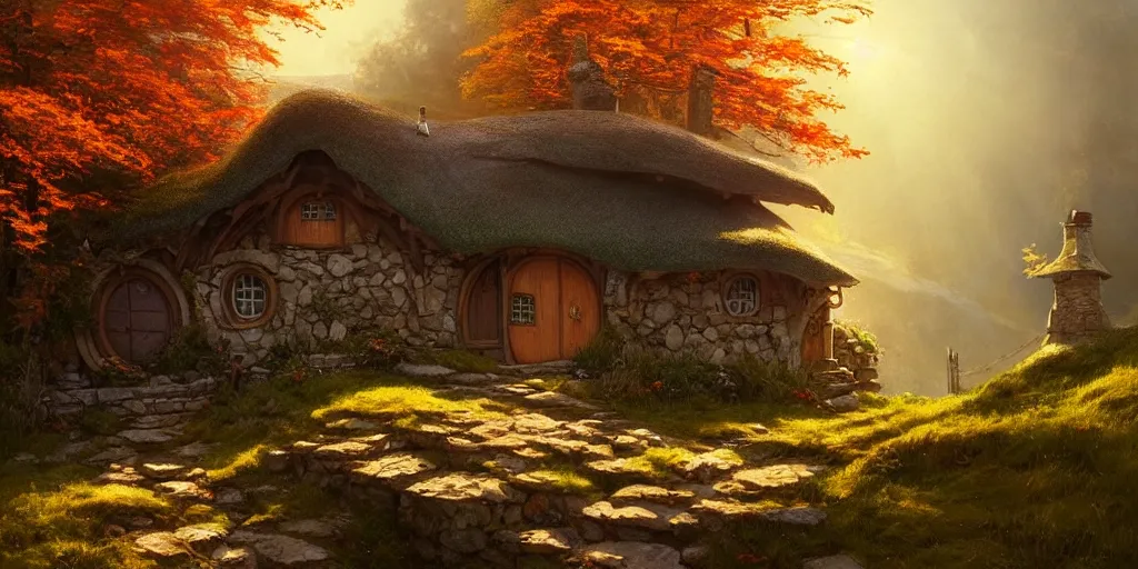 Image similar to a hobbit cottage on top of a steep hill, greg rutkowski, zabrocki, moebius, concept art, highly detailed, autumn sunlights, smoky atmosphere, ( ray of sunlight ), ilya kuvshinov, ossdraws, 8 k, ultra wide angle, zenith view, lens effect