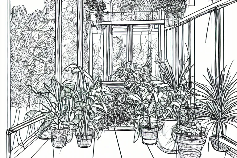 Prompt: a wide drawing of a balcony with plants, drawn in one line, back and white, solid background