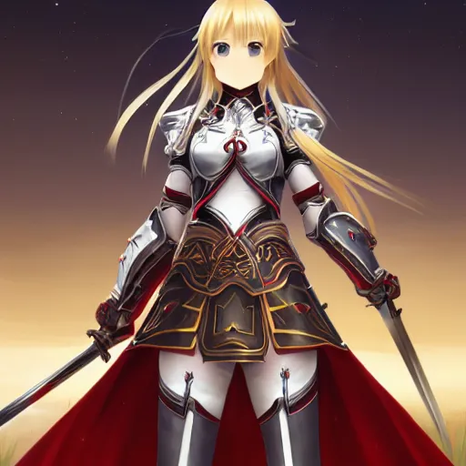 Prompt: of Asuna Yuuki, young woman with blonde hair and bangs and side braids wearing a partial paladin armor with a red skirt and white top, dark fantasy, medium shot, intricate, elegant, highly detailed, digital painting, volumetric light, artstation, concept art, smooth, sharp focus, illustration, art by Gil Elvgren and Greg Rutkowski and Alphonse Mucha