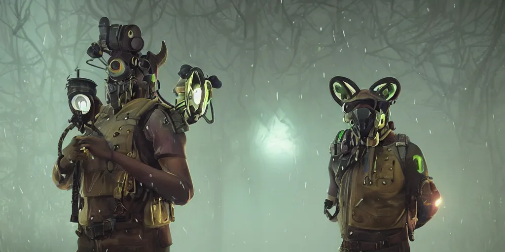 Image similar to a beautifully strange image of a gamekeeper wearing a dieselpunk mechanical fluorescent mystical animal mask. walking in the misty, dangerous river. in style of fornite game. award winning. dramatic. trending on artstation. high quality. rendered by beeple, by makoto shinkai, syd meade, digital art, unreal engine 5, fornite game. octane render