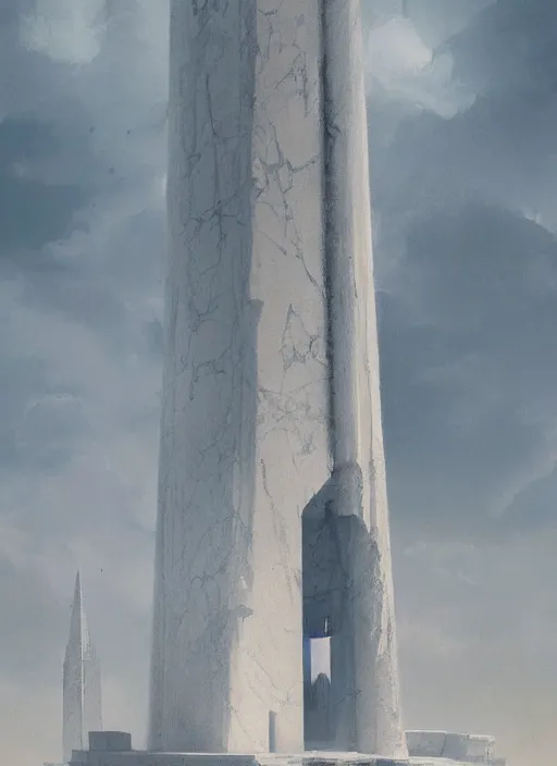 Prompt: Painting of a massive conical tower made out of marble reaching reaching the clouds, magical energy, surrounded by mist, detailed, by Greg Rutkowski, trending on artstation
