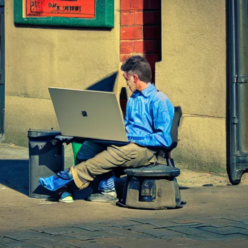 Image similar to a bum using laptop near trashcans, highly detailed, intricate, sharp focus, digital art, 8 k