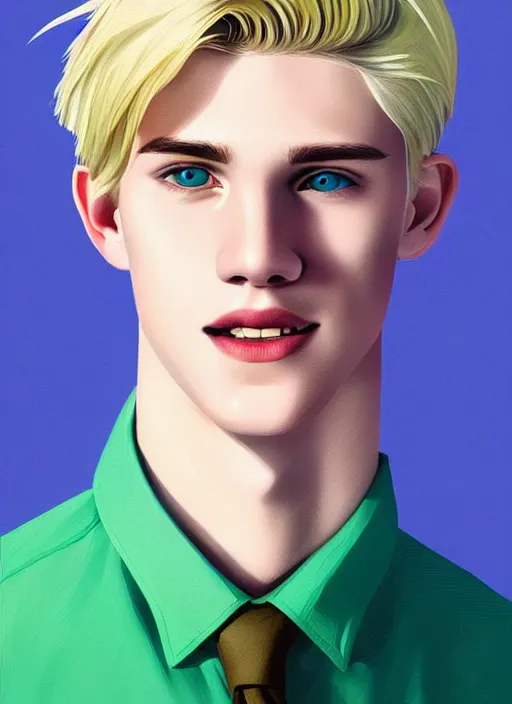 Prompt: portrait of teenage kevin keller with blonde hair, blonde hair, blue eyes, defined jawline, sharp jawline, slight friendly smile, button up shirt, green button up shirt, intricate, elegant, glowing lights, highly detailed, digital painting, artstation, concept art, smooth, sharp focus, illustration, art by wlop, mars ravelo and greg rutkowski