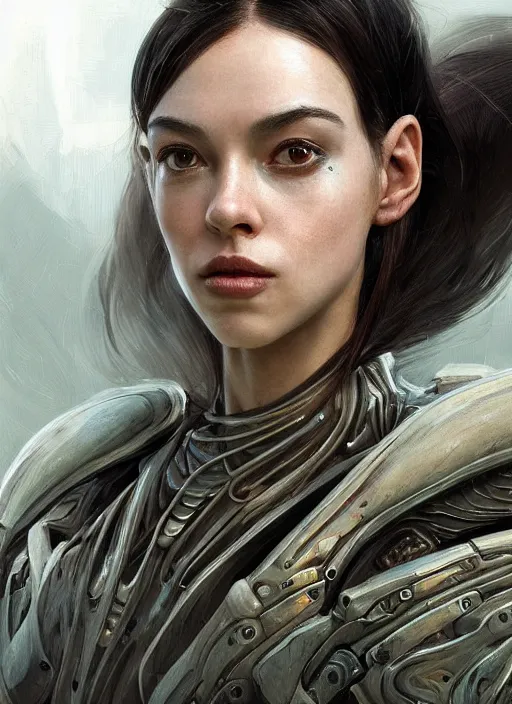 Image similar to a professional painting of a beautiful young female alien, clothed in ethereal armor, olive skin, long dark hair, beautiful bone structure, symmetrical facial features, intricate, elegant, digital painting, concept art, smooth, sharp focus, illustration, from Valerian and the City of a Thousand Planets, by Ruan Jia and Mandy Jurgens and Artgerm and William-Adolphe Bouguerea