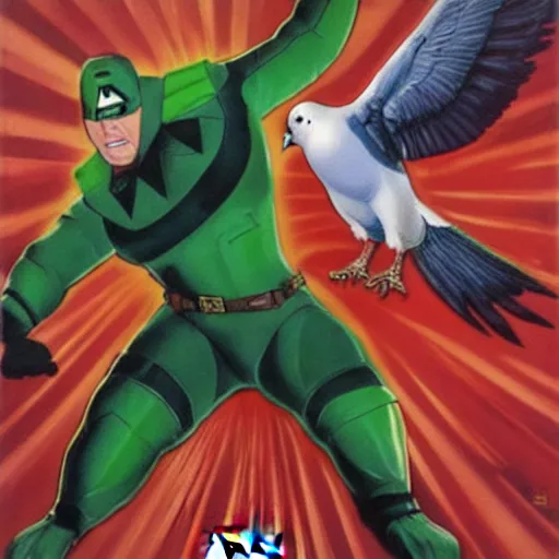 Image similar to action hero Michael Bay movie poster featuring Marvel Majestic Fat Pigeon in a extravagant full body green suit by Alex Ross, oil painting