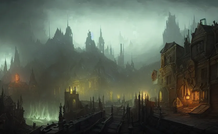 Image similar to extreme long shot concept art depicted old english majestic town, dramatic mood, overcast mood, dark fantasy environment, dieselpunk, art inspired by league of legends and arcane, style by jason engle and jordan grimmer, trending on artstation, unreal engine, golden ratio, spectacular composition